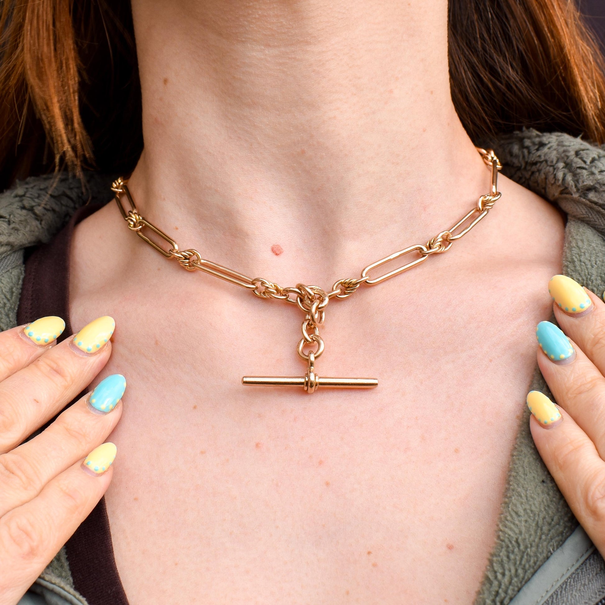 Antique '1919' 9ct Gold Trombone and Love Knot Link Albert Chain Necklace | 15.5"