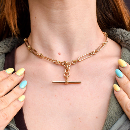 Antique '1919' 9ct Gold Trombone and Love Knot Link Albert Chain Necklace | 15.5"