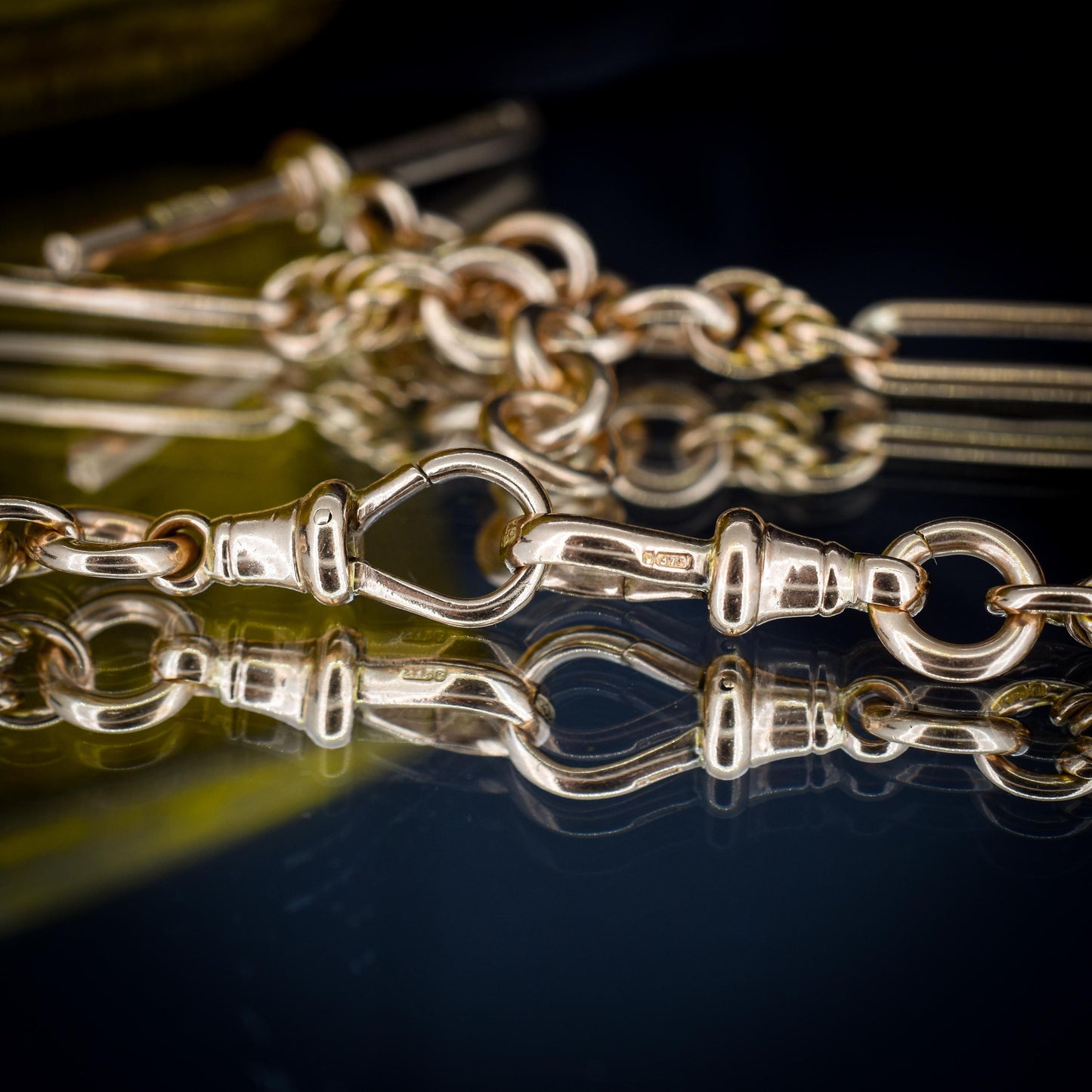 Antique '1919' 9ct Gold Trombone and Love Knot Link Albert Chain Necklace | 15.5"