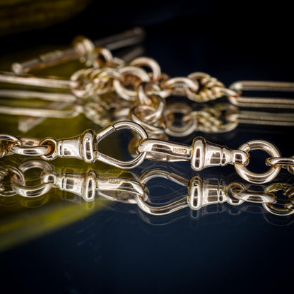 Antique '1919' 9ct Gold Trombone and Love Knot Link Albert Chain Necklace | 15.5"