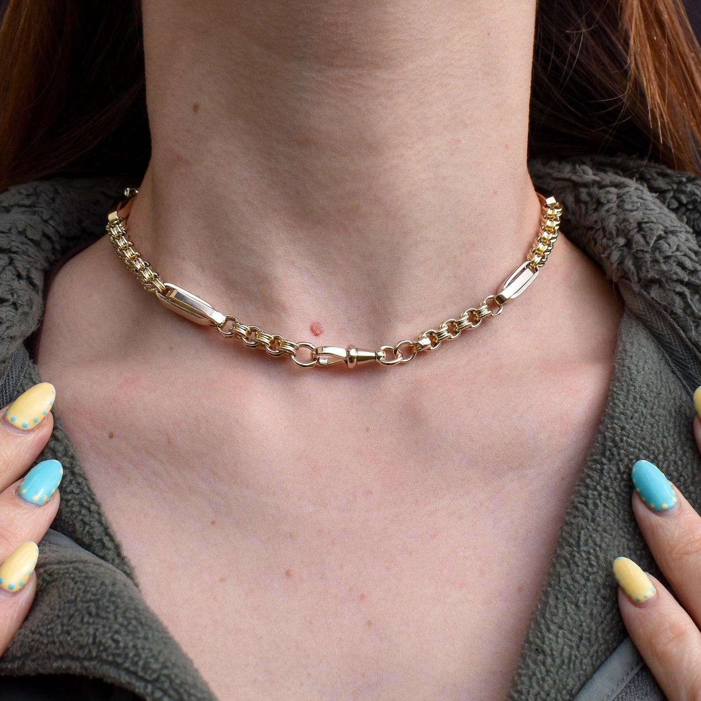 Antique 14.75" 10ct Gold Chunky Intertwined Bar Link Chain Necklace