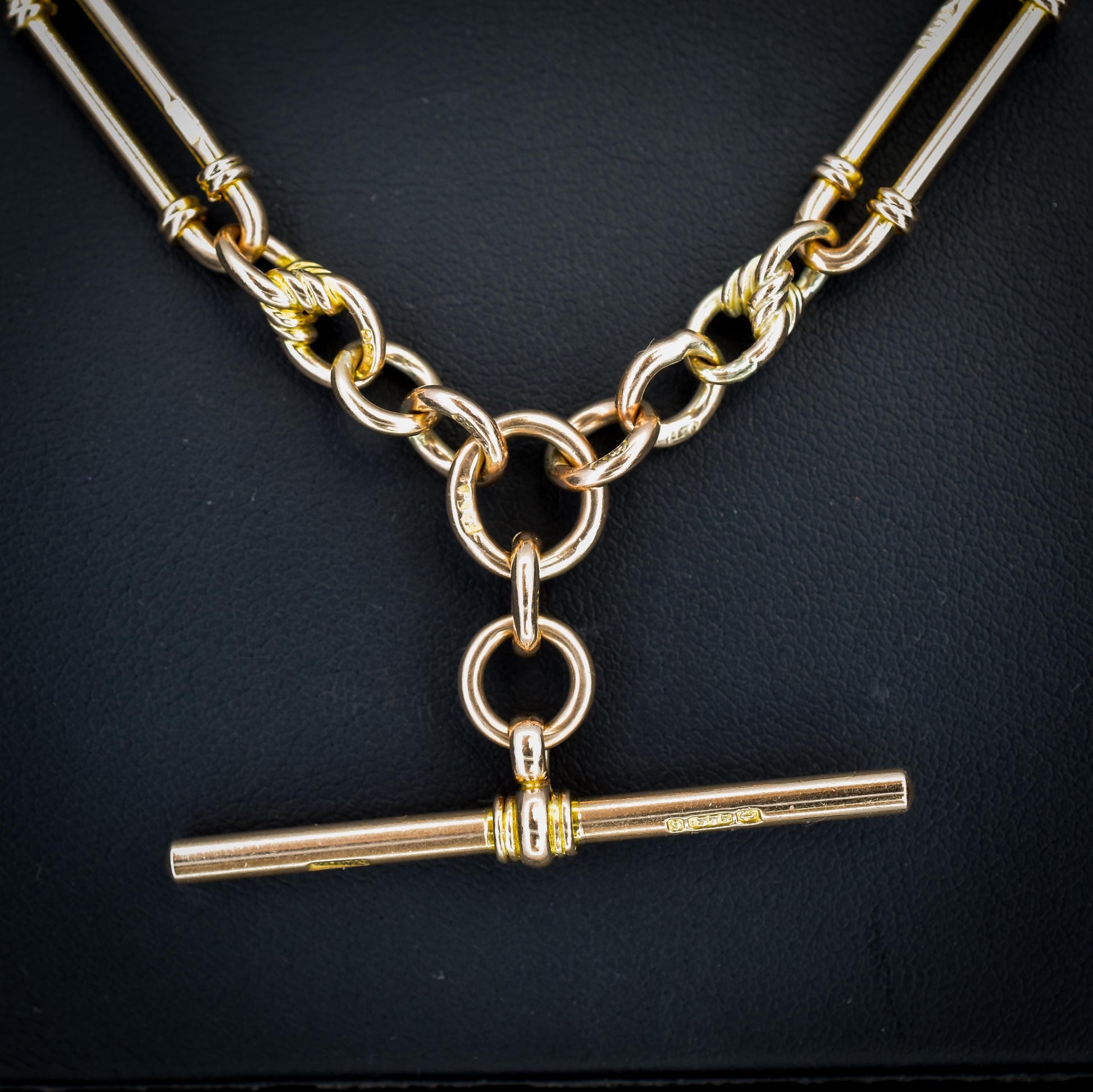 Antique 26.5" 9ct Gold Double Albert Trombone Link Chain Necklace with T Bar | 61.5g