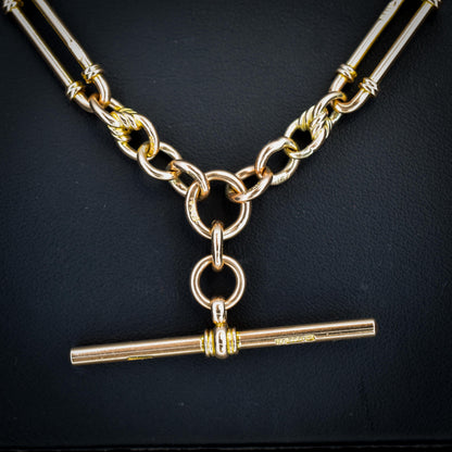Antique 26.5" 9ct Gold Double Albert Trombone Link Chain Necklace with T Bar | 61.5g