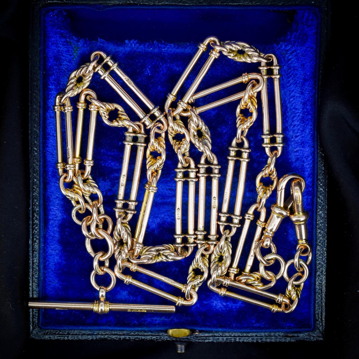 Antique 26.5" 9ct Gold Double Albert Trombone Link Chain Necklace with T Bar | 61.5g
