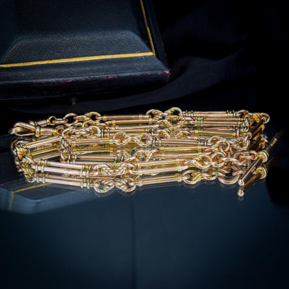 Antique 26.5" 9ct Gold Double Albert Trombone Link Chain Necklace with T Bar | 61.5g