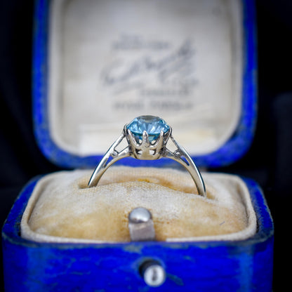 Vintage Blue Zircon Round Solitaire 9ct Gold Ring | Art Deco