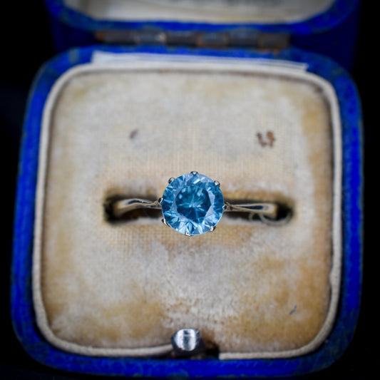 Vintage Blue Zircon Round Solitaire 9ct Gold Ring | Art Deco