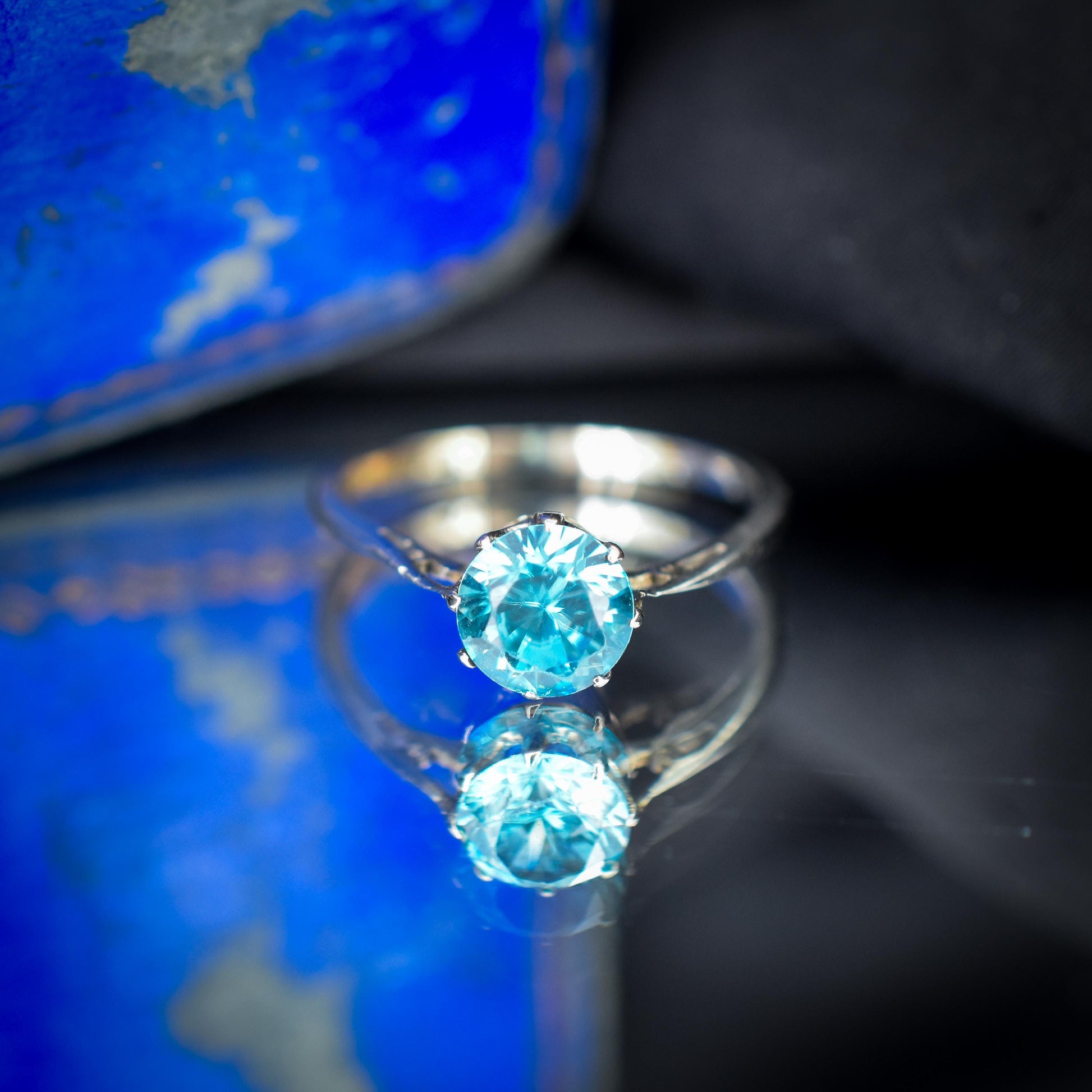 Vintage Blue Zircon Round Solitaire 9ct Gold Ring | Art Deco