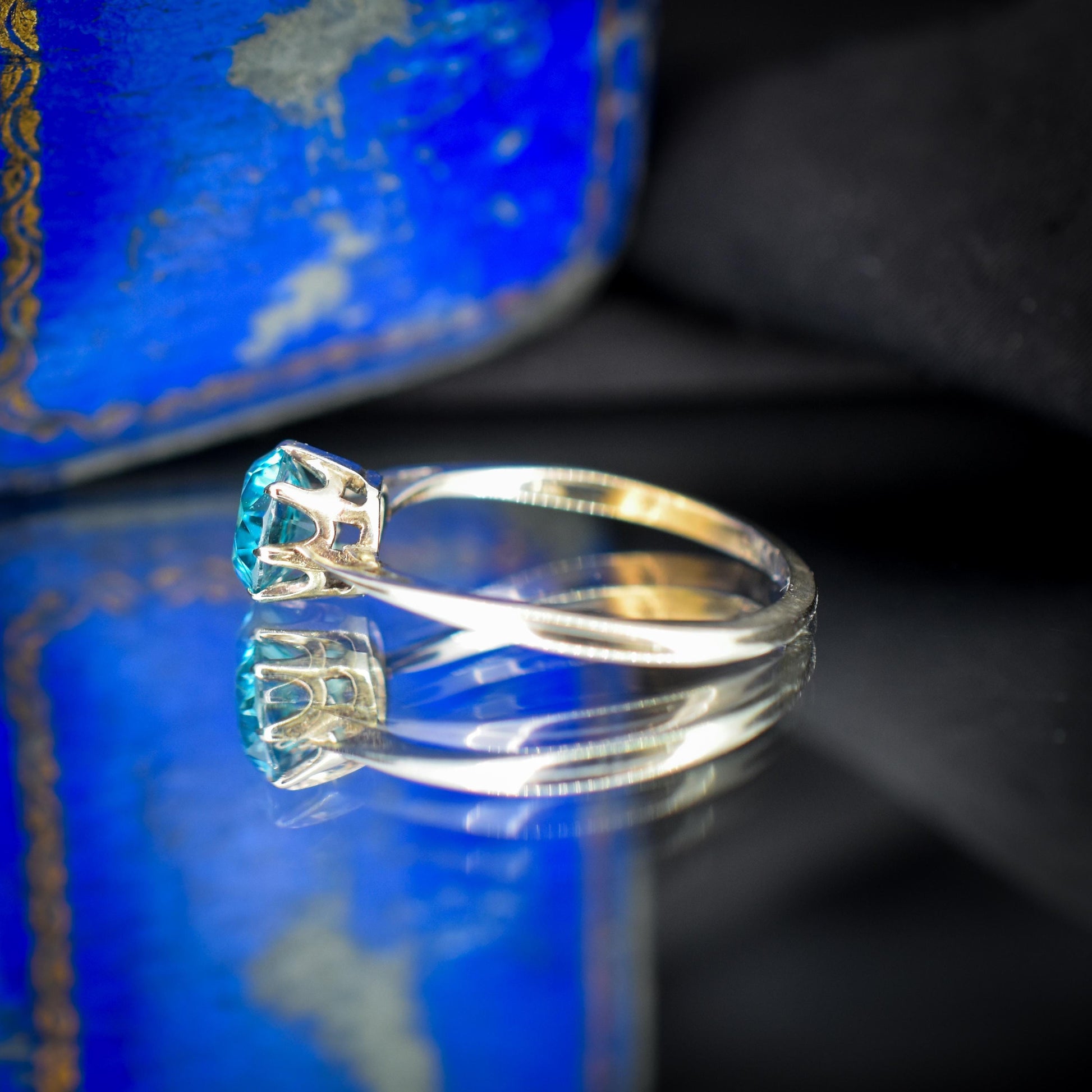 Vintage Blue Zircon Round Solitaire 9ct Gold Ring | Art Deco