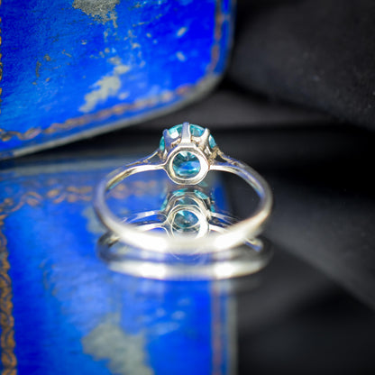 Vintage Blue Zircon Round Solitaire 9ct Gold Ring | Art Deco
