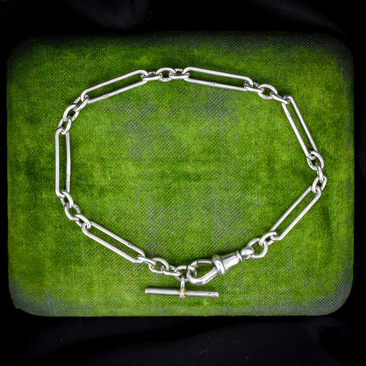 Antique Sterling Silver Trombone Link Bracelet with Dog Clip and T-bar | 7.75"