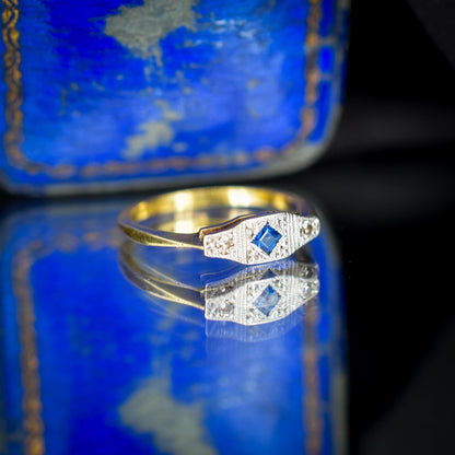 Art Deco Blue Sapphire and Diamond 18ct Yellow Gold and Platinum Ring
