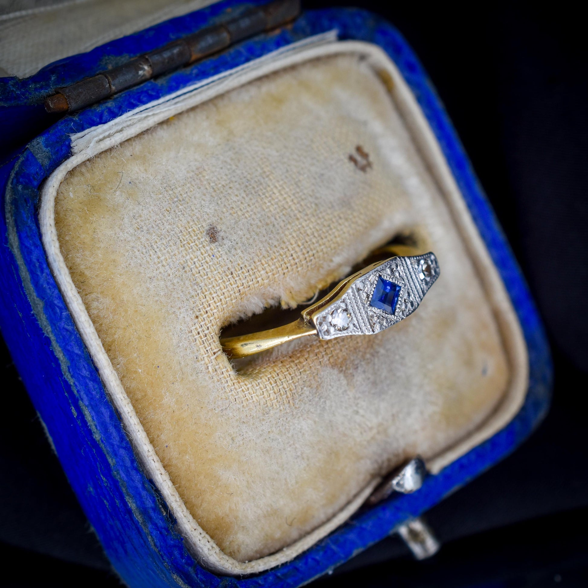 Art Deco Blue Sapphire and Diamond 18ct Yellow Gold and Platinum Ring