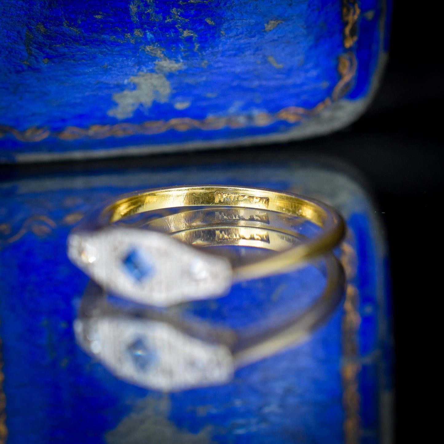 Art Deco Blue Sapphire and Diamond 18ct Yellow Gold and Platinum Ring