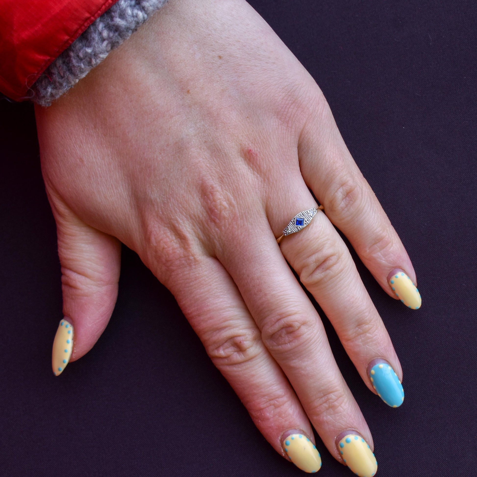 Art Deco Blue Sapphire and Diamond 18ct Yellow Gold and Platinum Ring