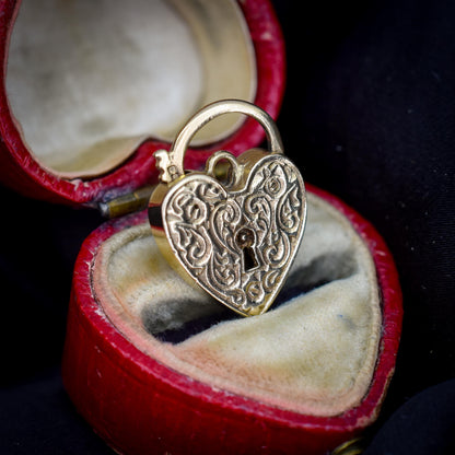 Vintage 9ct Yellow Gold Engraved Fancy Heart Padlock Charm Pendant