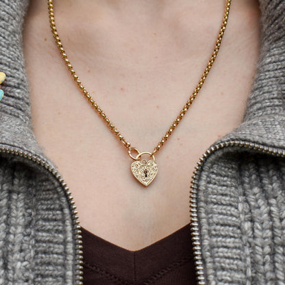 Vintage 9ct Yellow Gold Engraved Fancy Heart Padlock Charm Pendant
