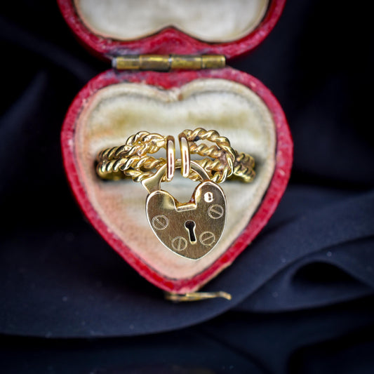 Vintage Heart Padlock Drop 9ct Yellow Gold Chain Link Ring