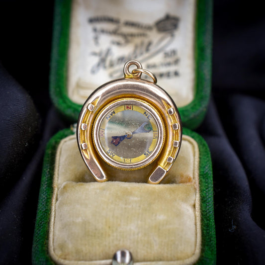 Antique 10ct Gold Horseshoe Compass Pendant Charm