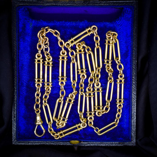 Antique Chester '1919' 18ct Yellow Gold Trombone Chain Necklace with Dog Clip Drop | 24"