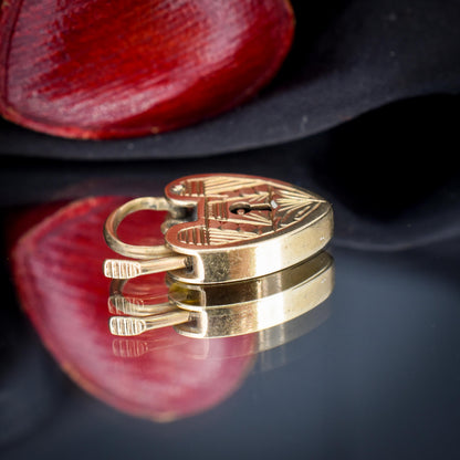 Vintage 9ct Yellow Gold Engraved Heart Padlock Charm Pendant