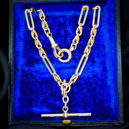 Antique '1918' 9ct Gold Trombone and Love Knot Link Albert Chain Necklace | 14.25"