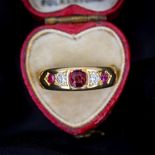 Antique Ruby Garnet and Diamond 18ct Gold Band Ring