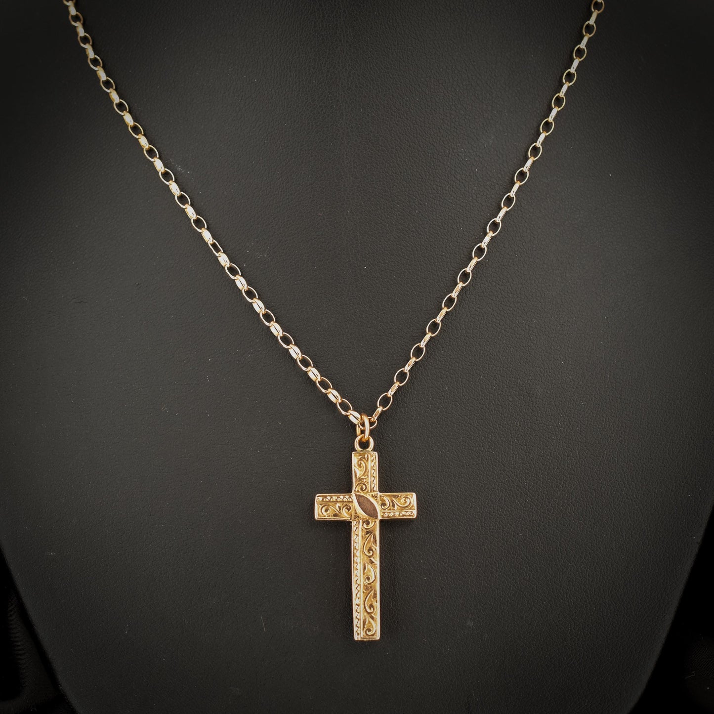 Antique 9ct Gold Engraved Cross Pendant Necklace | 20.5"
