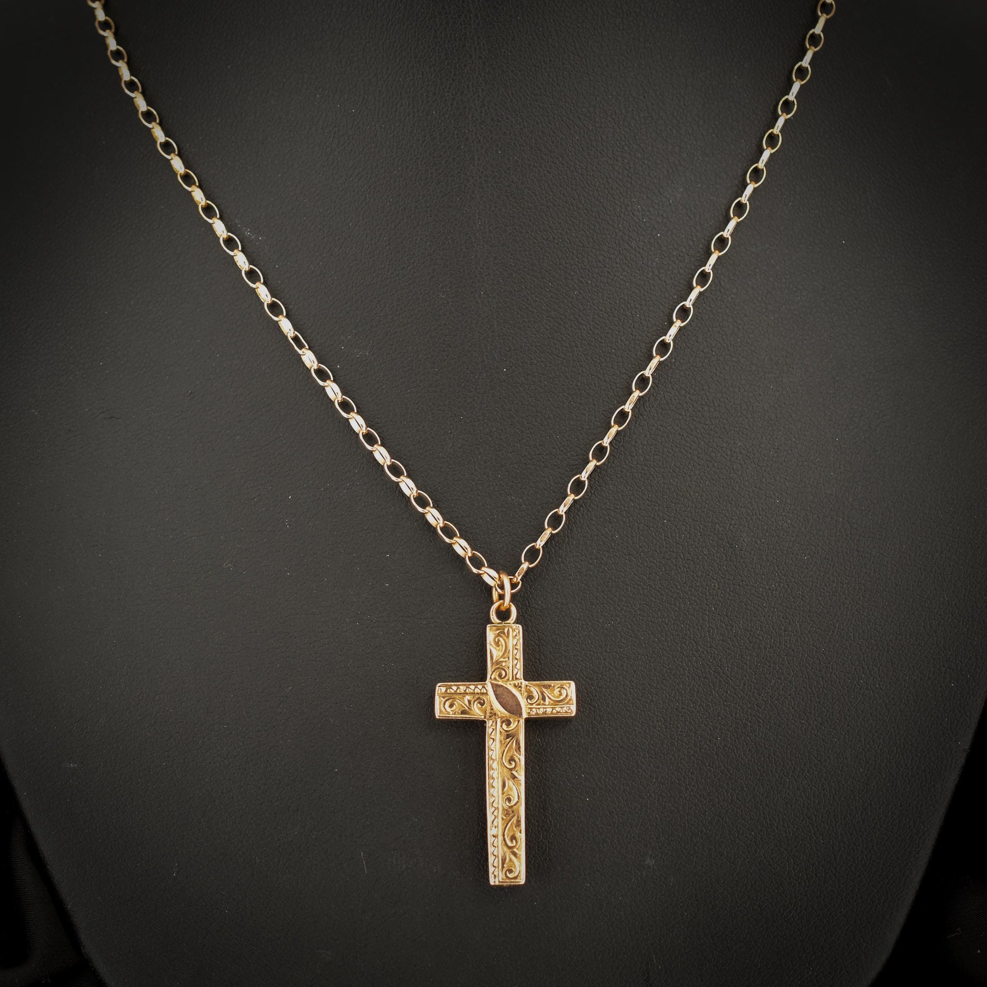 Antique 9ct Gold Engraved Cross Pendant Necklace | 20.5"