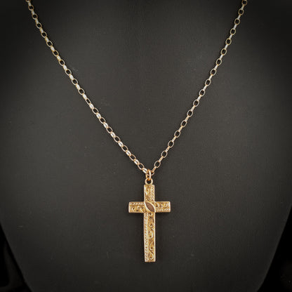 Antique 9ct Gold Engraved Cross Pendant Necklace | 20.5"
