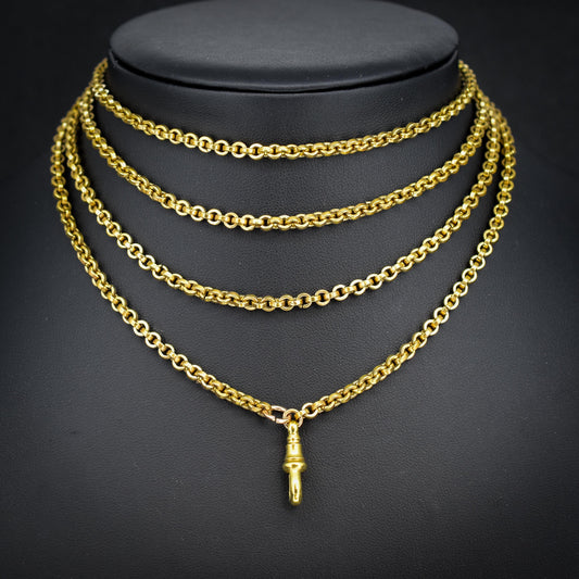 Antique Rolled Gold Rolo Link Guard Chain Necklace with Dog Clip | 52"