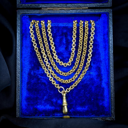 Antique Rolled Gold Rolo Link Guard Chain Necklace with Dog Clip | 52"