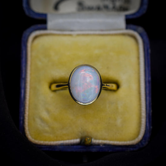 Antique Natural Opal Oval Solitaire 9ct Yellow Gold Ring