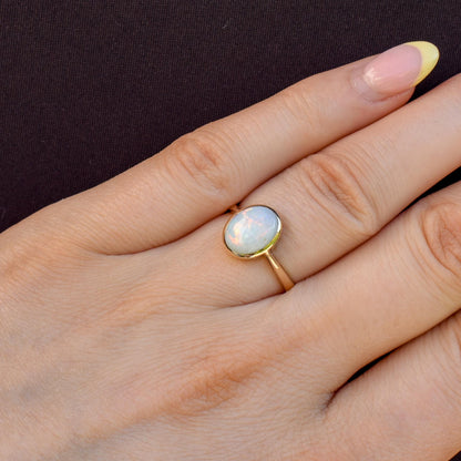 Antique Natural Opal Oval Solitaire 9ct Yellow Gold Ring