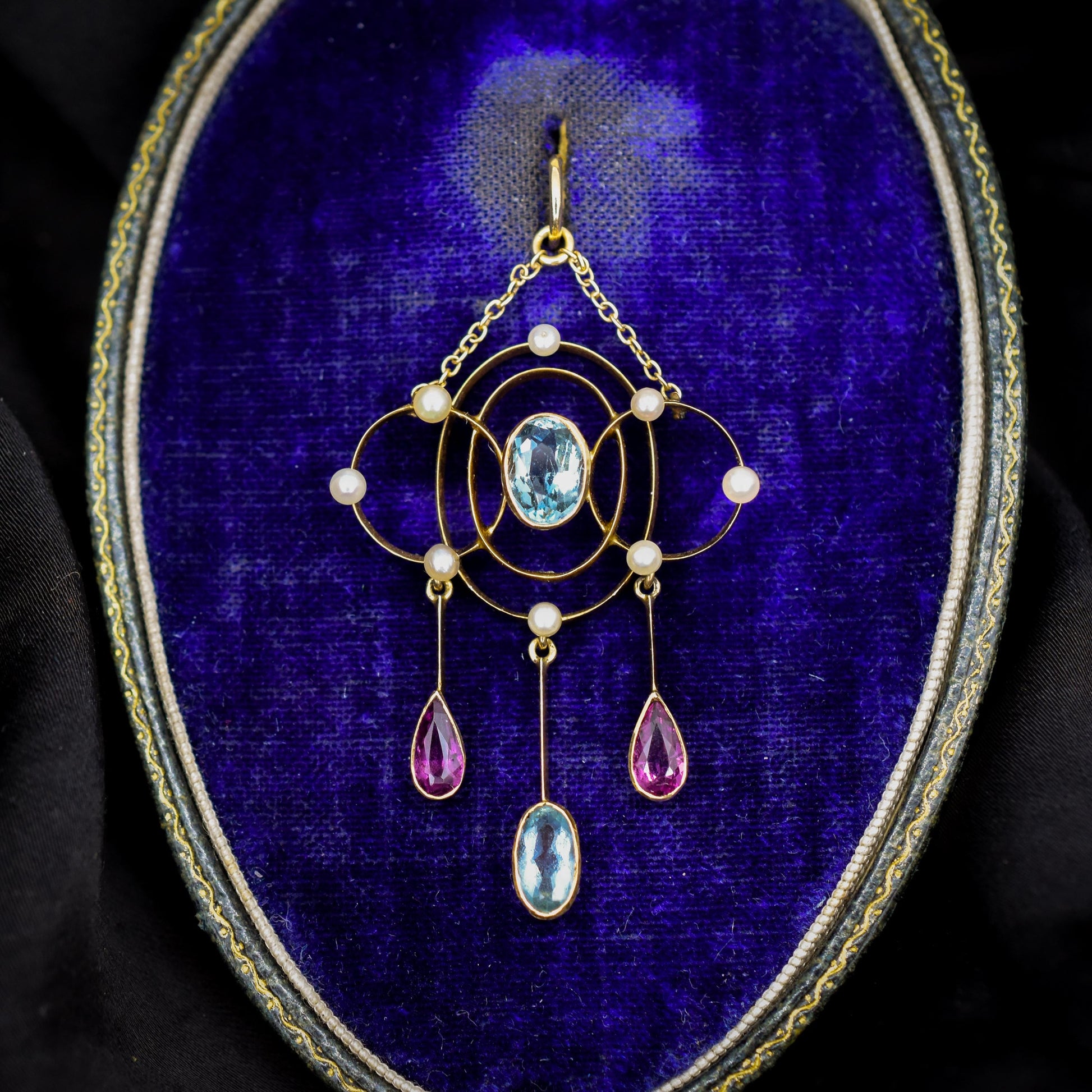 Antique Aquamarine and Tourmaline Lavalier 15ct Gold Pendant