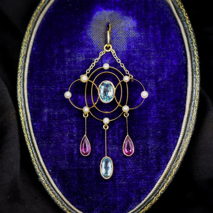 Antique Aquamarine and Tourmaline Lavalier 15ct Gold Pendant