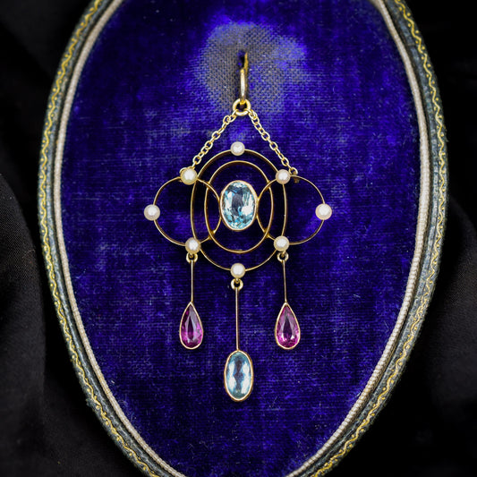 Antique Aquamarine and Tourmaline Lavalier 15ct Gold Pendant