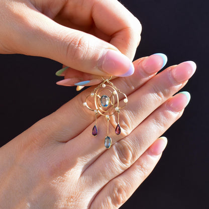 Antique Aquamarine and Tourmaline Lavalier 15ct Gold Pendant