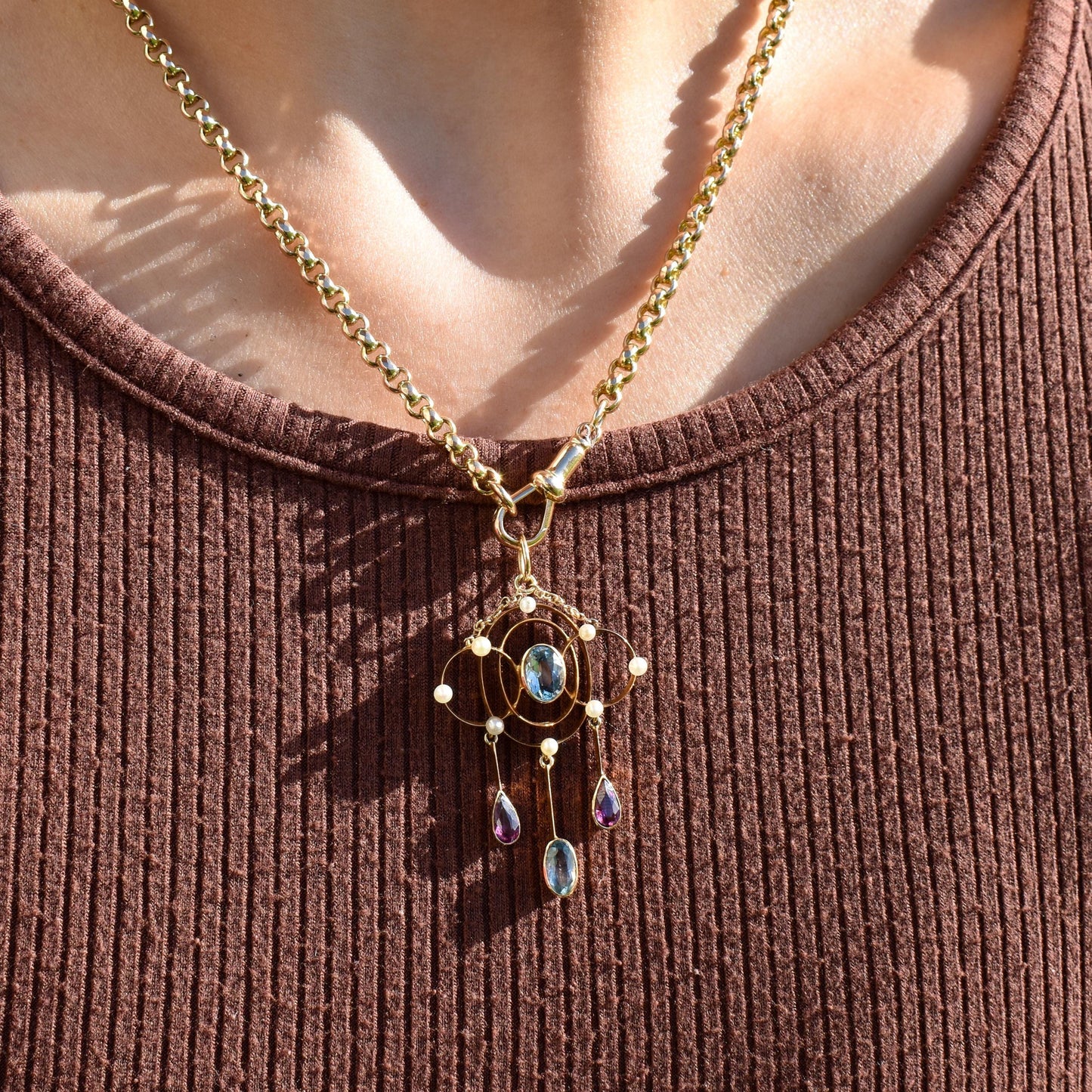 Antique Aquamarine and Tourmaline Lavalier 15ct Gold Pendant