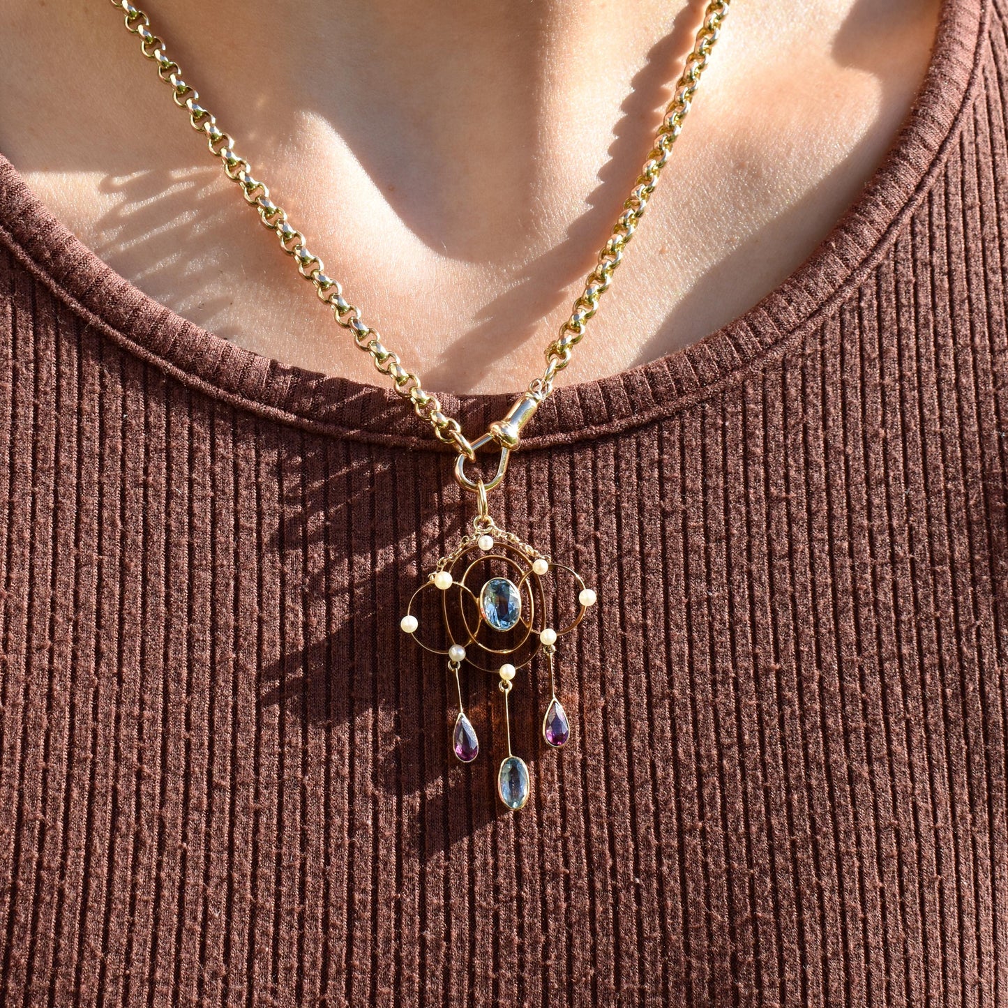 Antique Aquamarine and Tourmaline Lavalier 15ct Gold Pendant