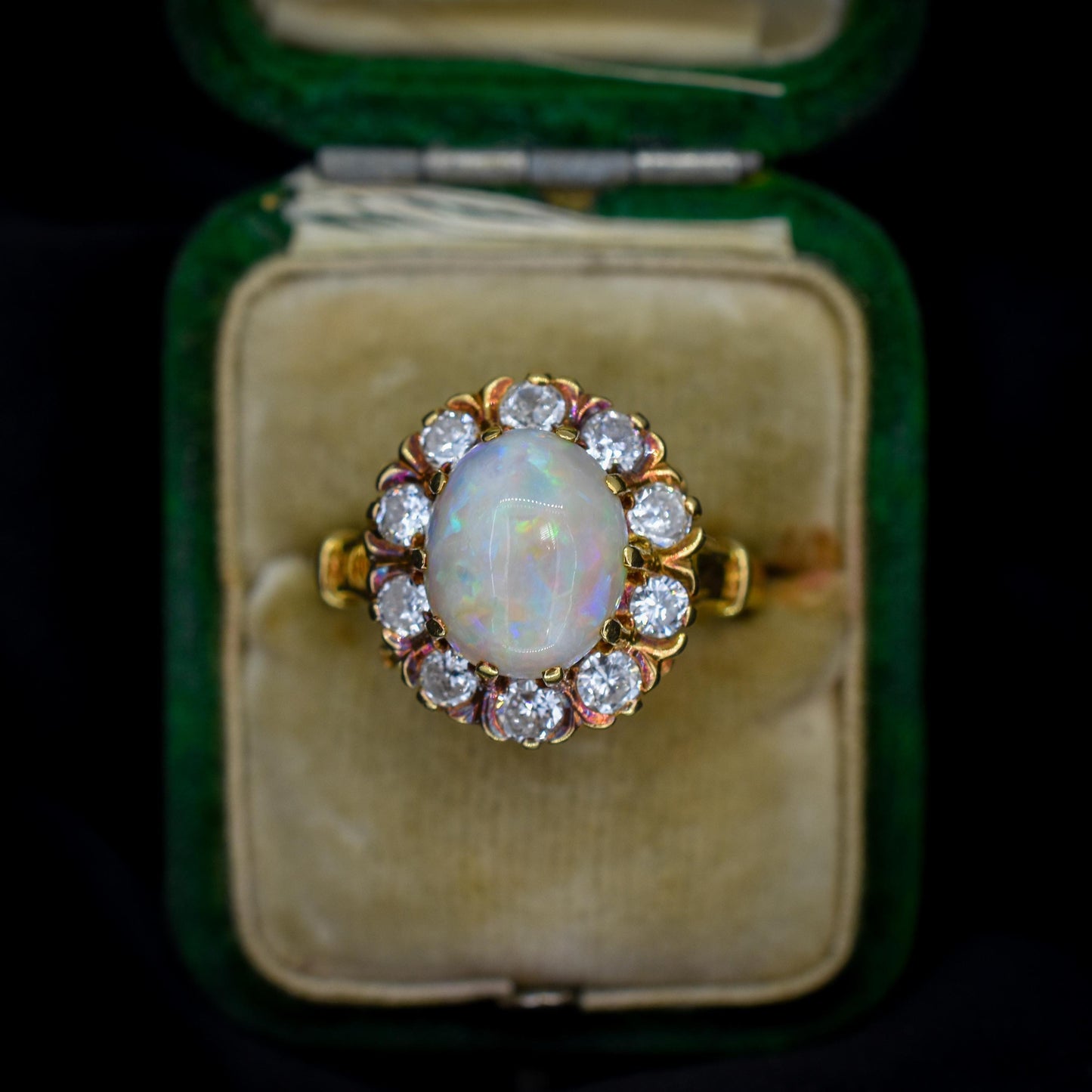 Vintage 2.27ct Natural Opal and Diamond Oval Halo Cluster 18ct Gold Ring