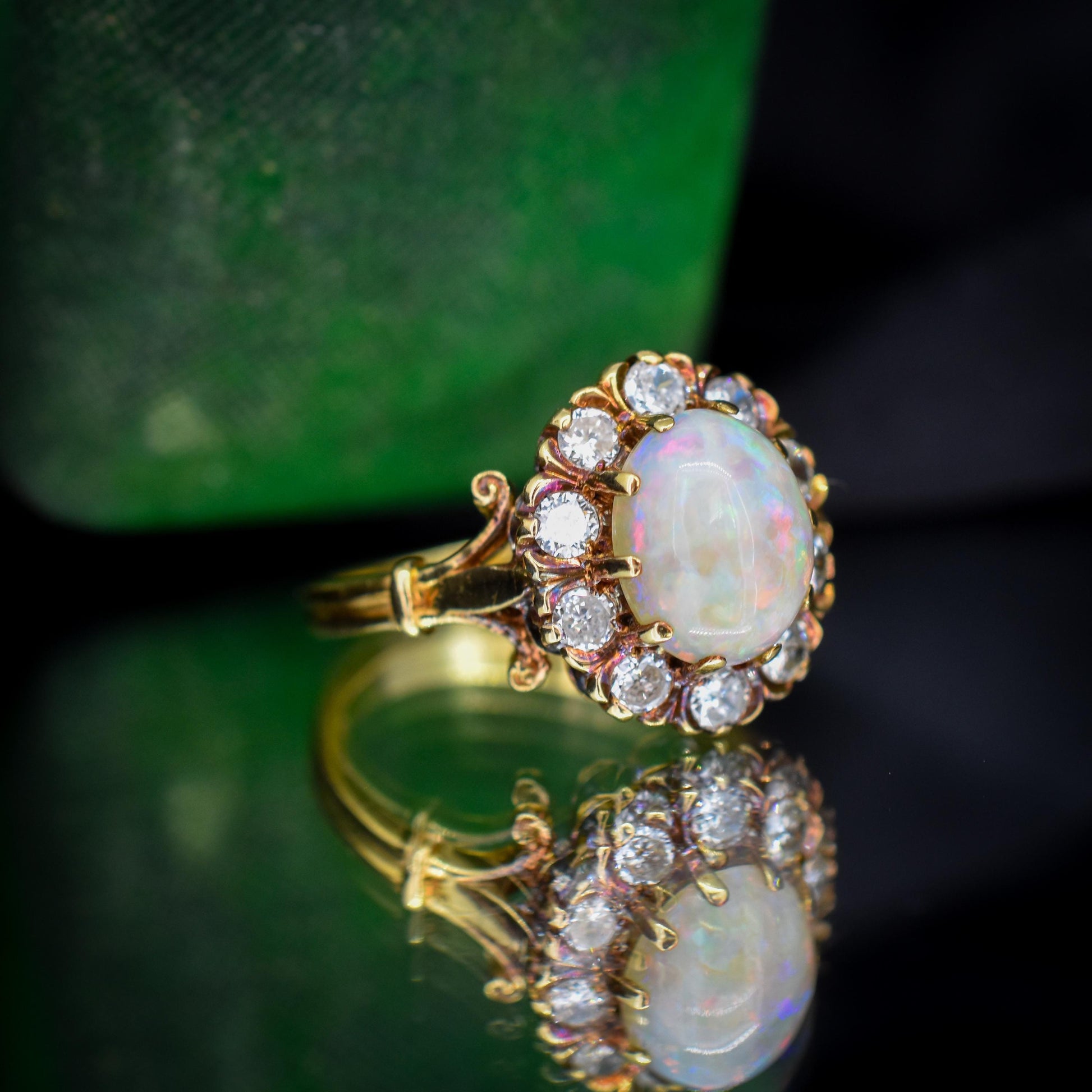 Vintage 2.27ct Natural Opal and Diamond Oval Halo Cluster 18ct Gold Ring