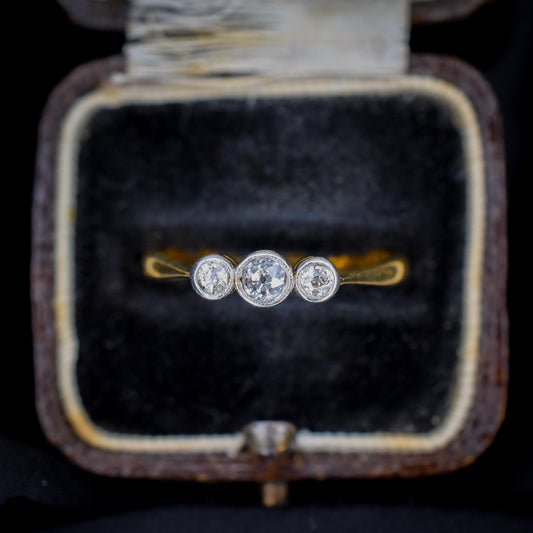 Antique Old Cut Diamond Bezel Set Three Stone 18ct Yellow Gold Ring