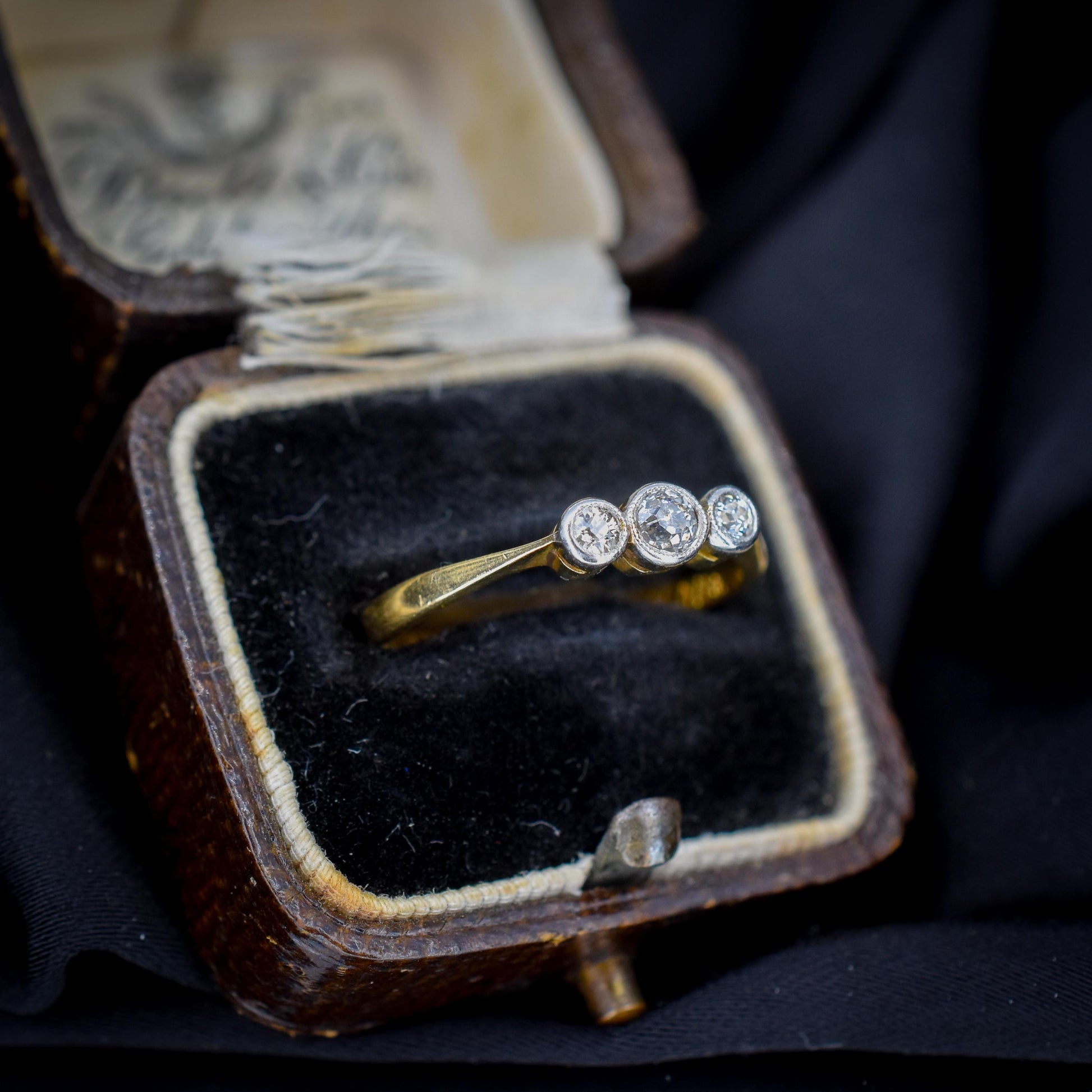 Antique Old Cut Diamond Bezel Set Three Stone 18ct Yellow Gold Ring