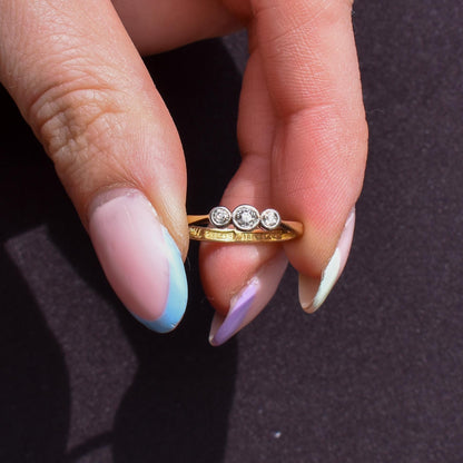 Antique Old Cut Diamond Bezel Set Three Stone 18ct Yellow Gold Ring