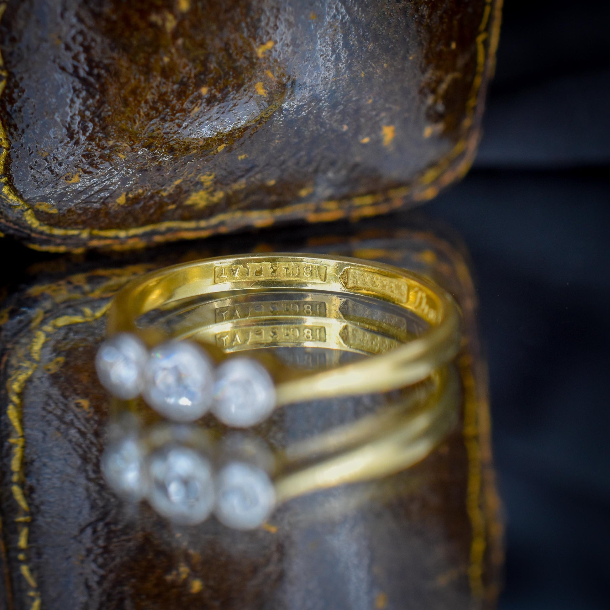 Antique Old Cut Diamond Bezel Set Three Stone 18ct Yellow Gold Ring