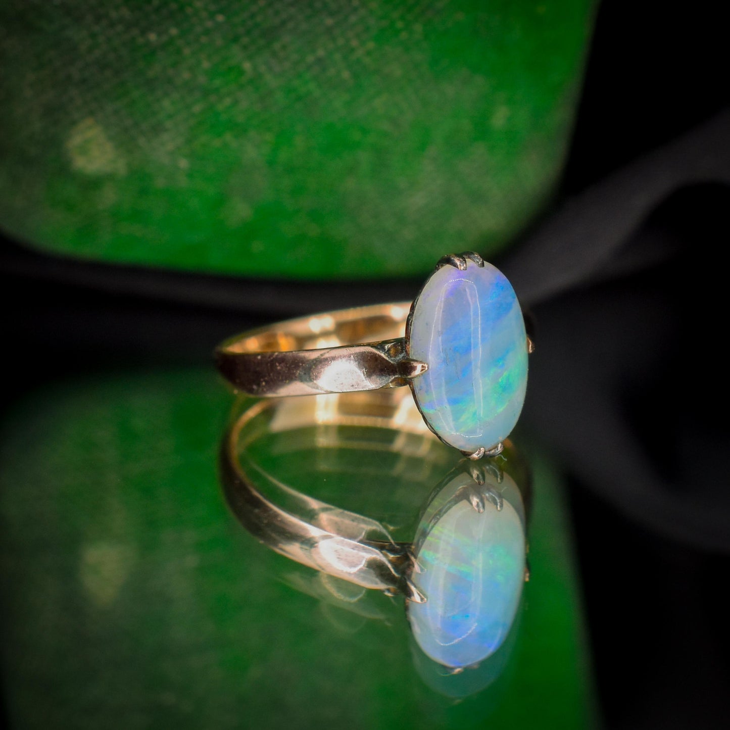 Art Deco Natural Opal Oval Solitaire 14ct Rose Gold Ring