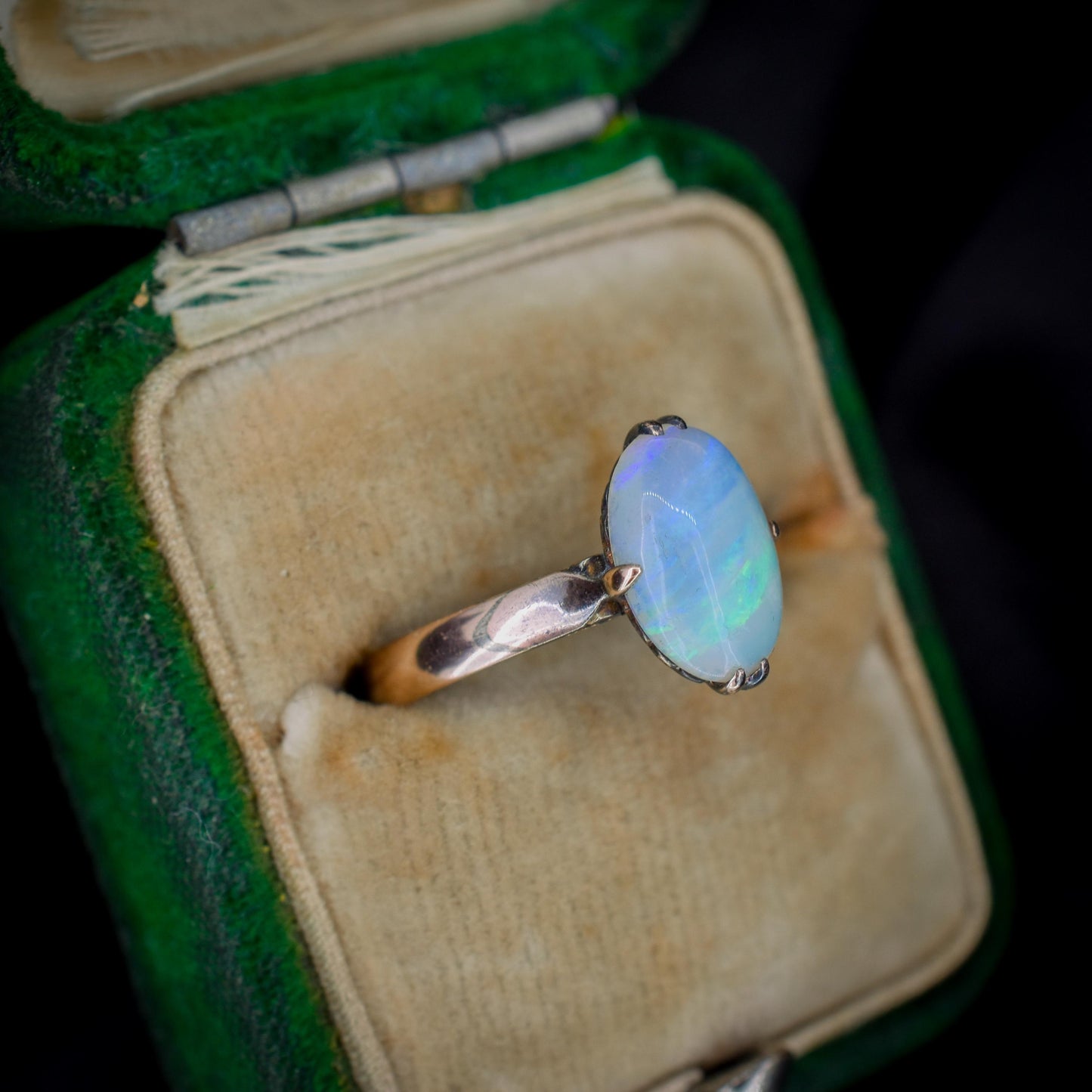 Art Deco Natural Opal Oval Solitaire 14ct Rose Gold Ring