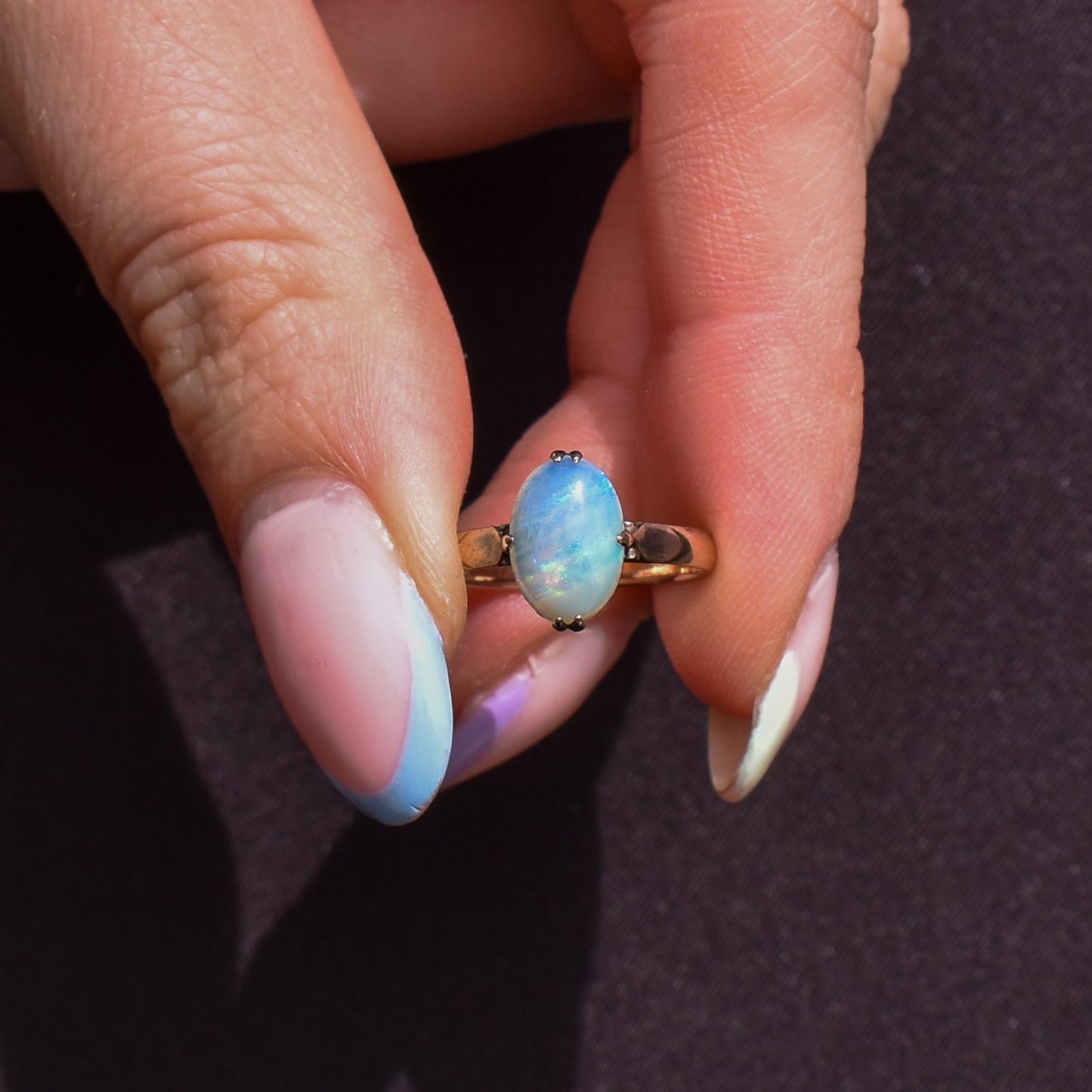 Art Deco Natural Opal Oval Solitaire 14ct Rose Gold Ring