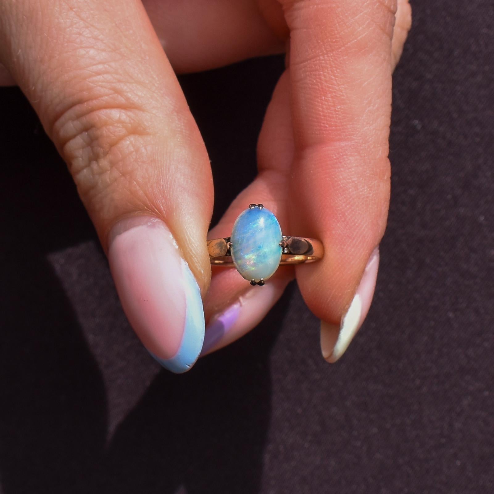 Art Deco Natural Opal Oval Solitaire 14ct Rose Gold Ring